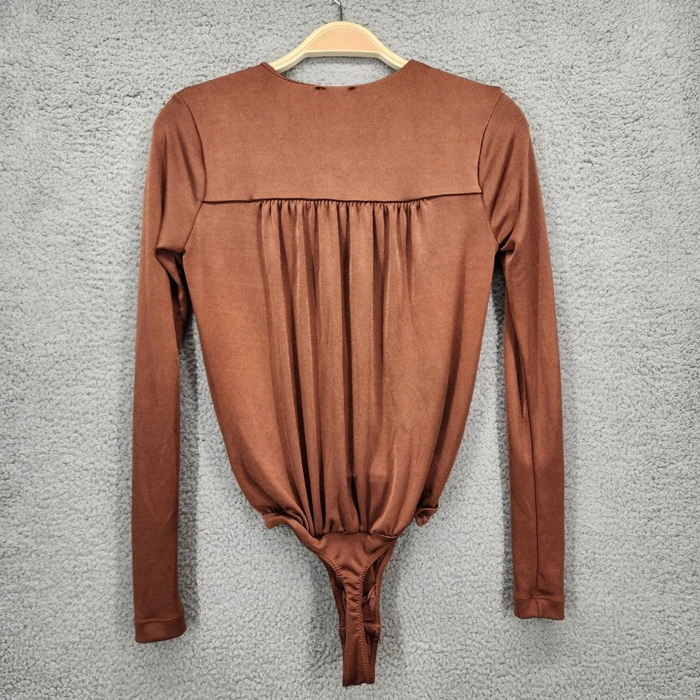 Intimately Free‎ People Brown Long Sleeve Plunging Neckline Ruched Bodysuit XS